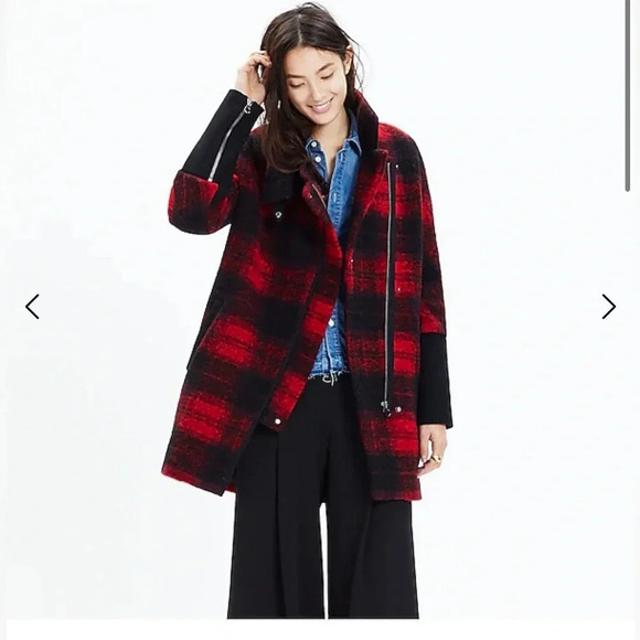 Madewell City Grid Coat flame red Plaid Wool Oversized Winter Red Black Size 00 - Picture 1 of 17